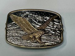 Vintage Soaring Patriotic USA Eagle Hawk w/ Mountains Belt Buckle 3.5” x 2.5”