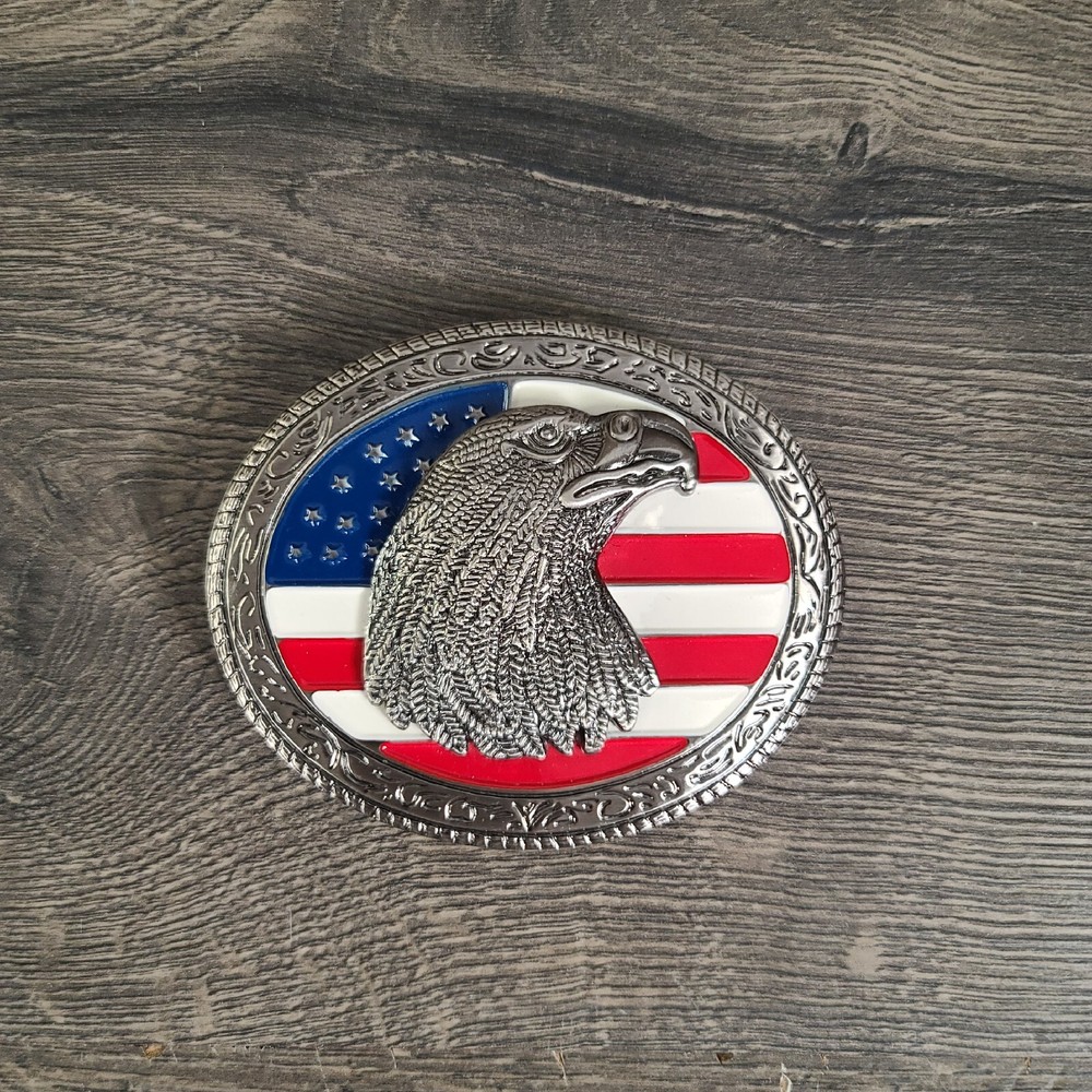 Oval American Flag w/Eagle Head Belt Buckle Antique Silver Tone Red White Blue