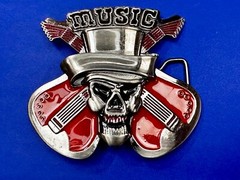 MUSIC Skull in Fedora Hat Crossed Electric Guitars Musician Rockstar Belt Buckle