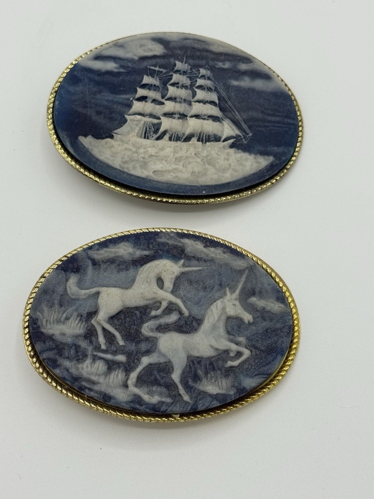 TWO Genuine Inlay Hand Crafted Stone USA Belt Buckles