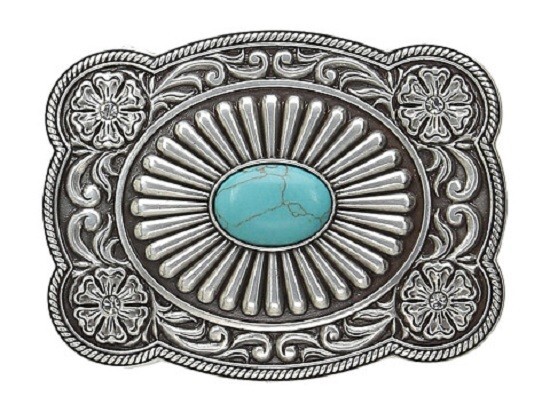 Turquoise & Crystals ~ Western Belt Buckle ~ Scroll Engrave, Polish Silver 37974