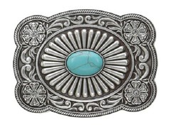 Turquoise & Crystals ~ Western Belt Buckle ~ Scroll Engrave, Polish Silver 37974