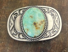 Turquoise Stone Belt Buckle Western Silver Engraved Cowboy Rodeo Design