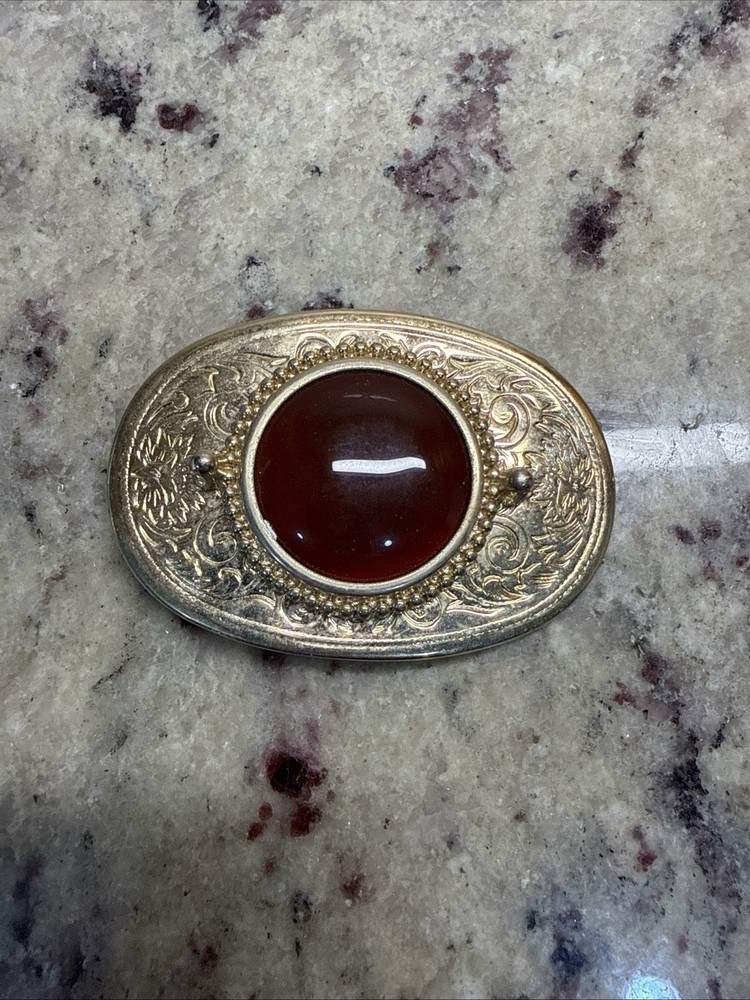 vintage ornate oval gold metal belt buckle w polished red stone center women