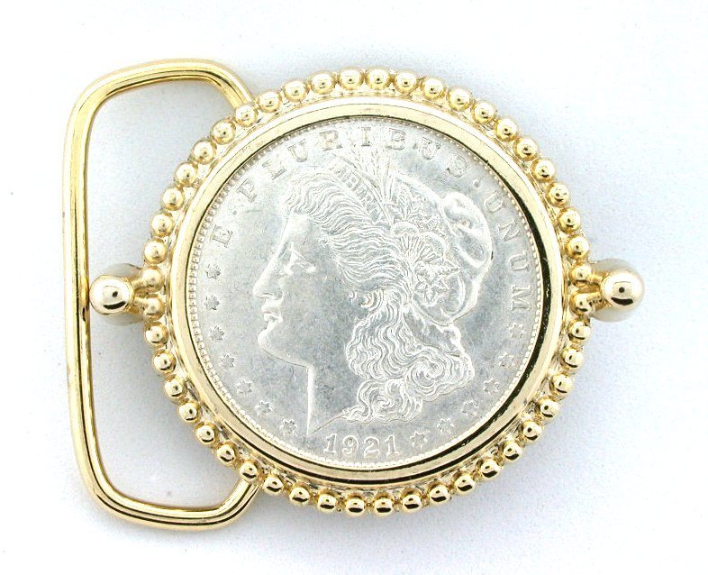 Gold Color REAL 1921 Morgan Silver Dollar Belt Buckle EPBB51