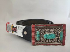 Sterling Silver waist trap Leather Buckle belt Clasp Turquoise Coral B36