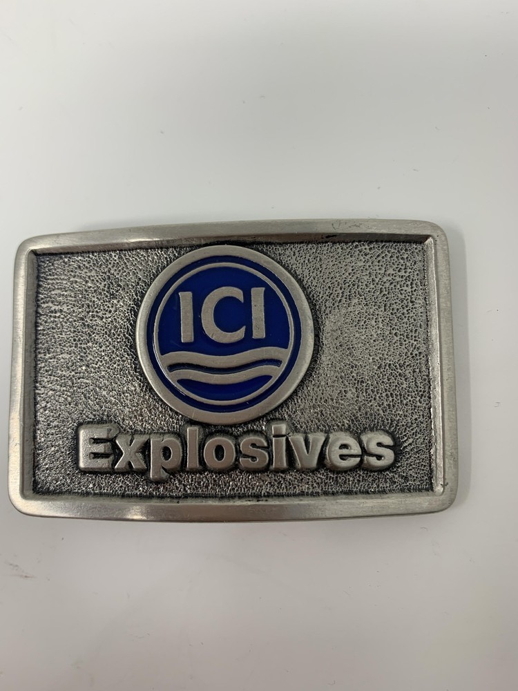Vintage TL&B ICI Explosives Belt Buckle Metal Blue Logo Collectible Industrial