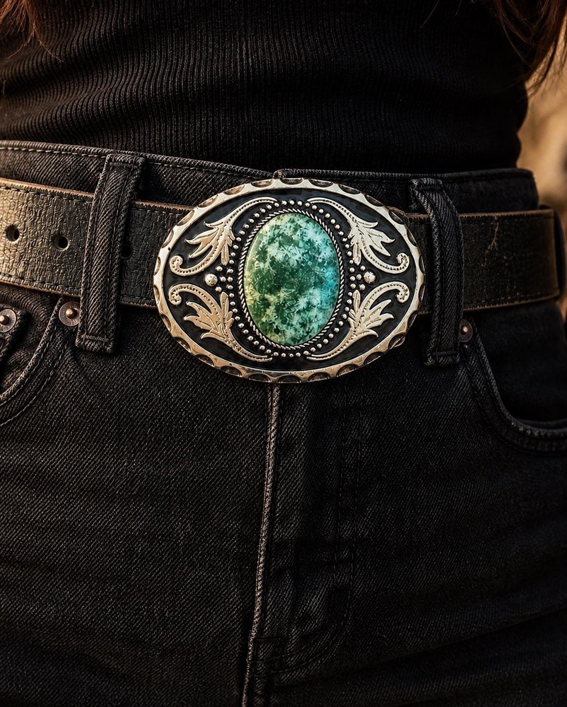 Green Stone Belt Buckle Western Silver Engraved Cowboy Rodeo Style Design