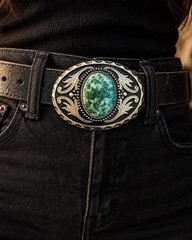 Green Stone Belt Buckle Western Silver Engraved Cowboy Rodeo Style Design