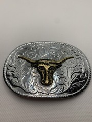 Silver And Gold Toned Longhorn Steer Cattle Belt Buckle Cowboy Cowgirl