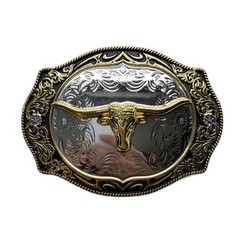 Bright Silver With Gold Longhorn Bull Rodeo Cowboy Cowgirl Belt Buckle Hebilla
