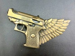 Winged Gun Flying Pistol Handgun Figural Cutout Brass Tone Large Belt Buckle