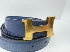 Authentic HERMES H Logo Reversible Belt Strap Blue Gold Tone Buckle Kit 85