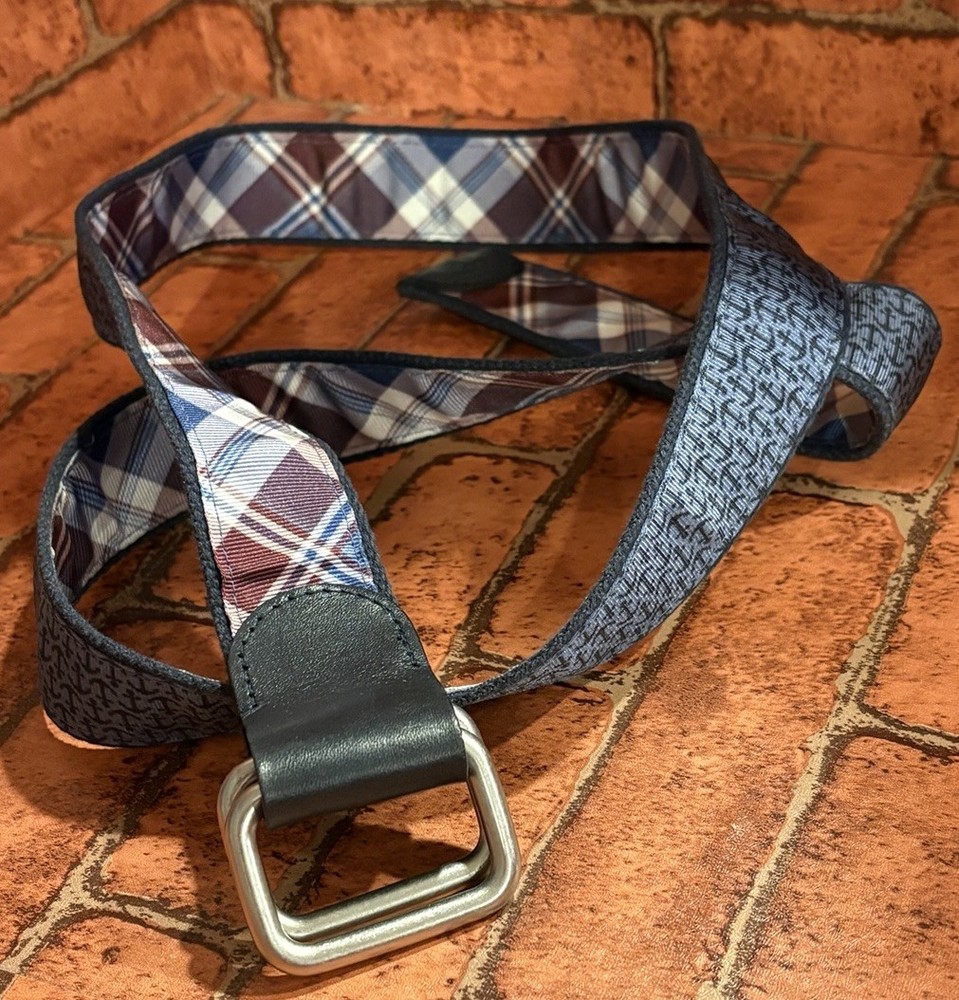 Brooks Brothers Belt L Leather Tab D O Ring Reverse Plaid Nautical Anchor Blue
