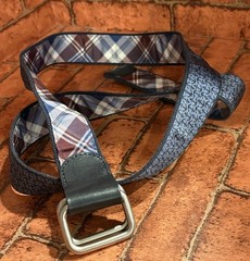 Brooks Brothers Belt L Leather Tab D O Ring Reverse Plaid Nautical Anchor Blue