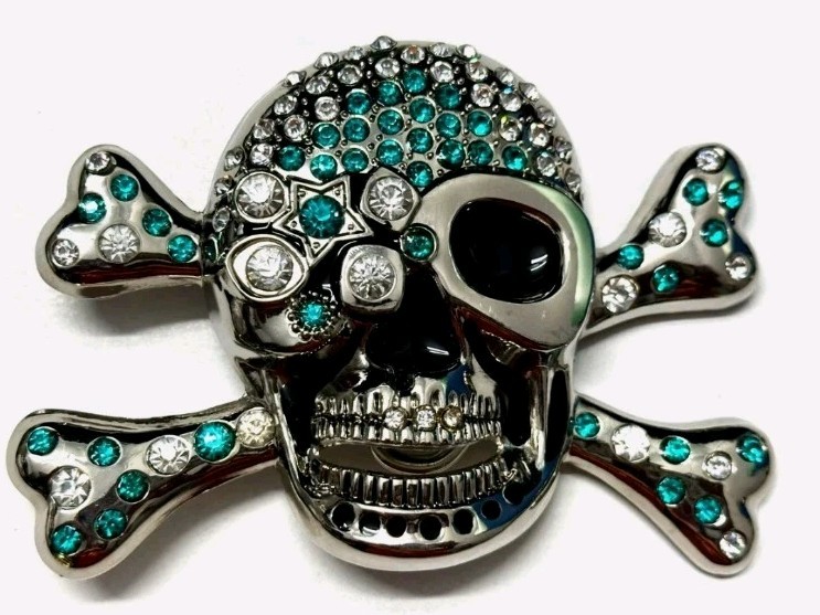 Skull Crossbones Rhinestone Belt Buckle Silver Tone Aqua White Heavy Metal