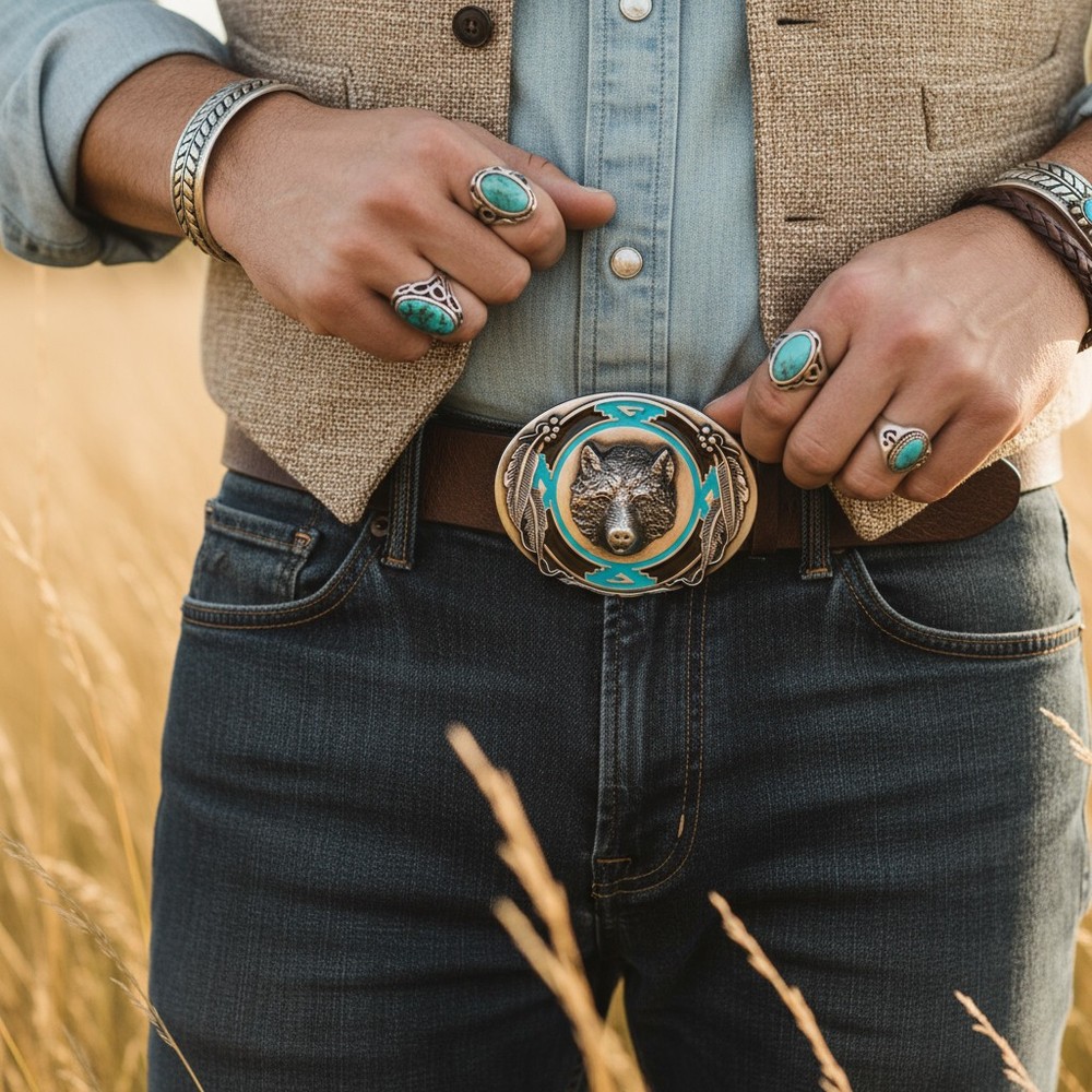 NEW Men Western Fashion Belt Buckle Silver Metal Bear Hunter Feather Black Blue