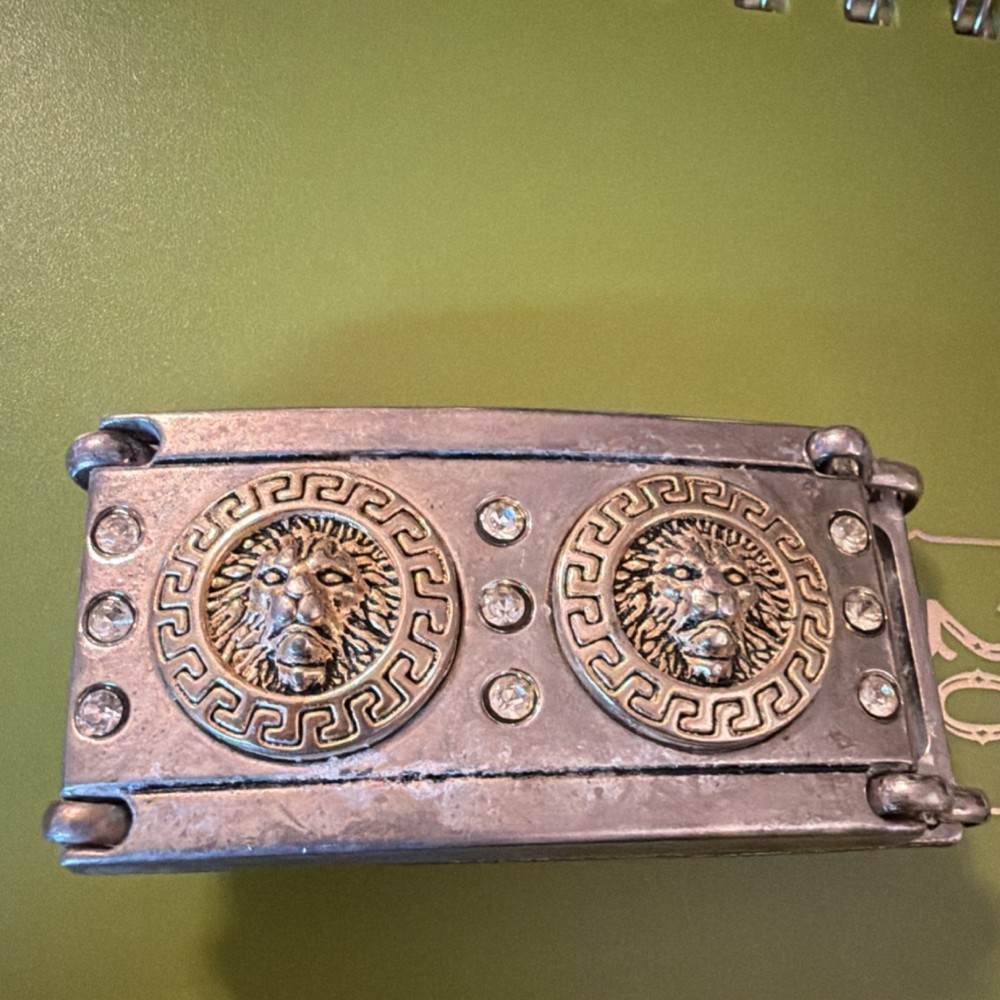 Silver Gold Lion Head Metal Belt Buckle with Rhinestones Greek Key Motif