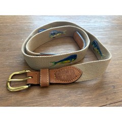 Zep-Pro Canvas Belt 44 Khaki Leather Trim Brass Buckle Fish Embroidered Made USA
