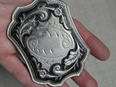 vintage CHROME belt buckle ENGRAVED metal WESTERN cowboy FLORAL