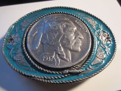 INDIAN HEAD NICKEL THEME BELT BUCKLE GREEN LACQUER ACCENT- GW-9