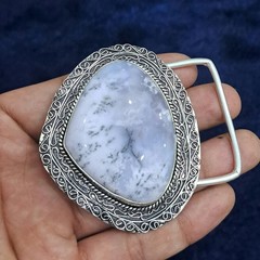 Belt Buckle Silver Plated Dendritic Opal Western Cowboy Gemstone Buckle For Dad