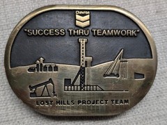 vintage CHEVRON belt buckle LOST HILLS project team OIL WELL petroleum BRASS