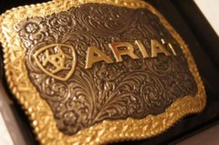 Ariat Western Belt Buckle Rectangle Floral Logo Silver & Gold Tone A37014