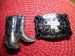 2 Vintage USA 1970s Brass COWBOY BOOTS belt buckle & Saddle WESTERN MBCI Rodeo