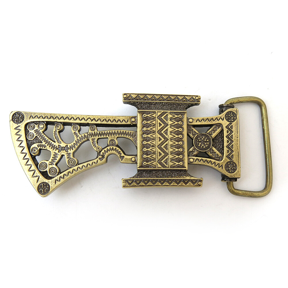 Runic Axe brass belt buckle, Medieval military weapon ax solid brass belt buckle