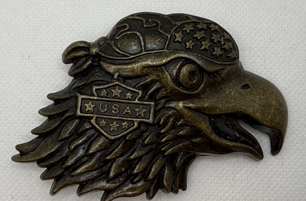 Vtg bronze Belt Buckle Eagle bandana stars USA
