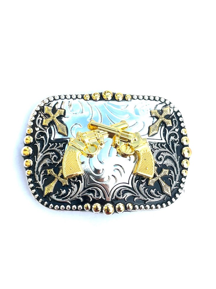 Western Buckle Gold Black Silver Guns 2nd Amend Cowboy 2 »Buckle Hebilla Vaquero