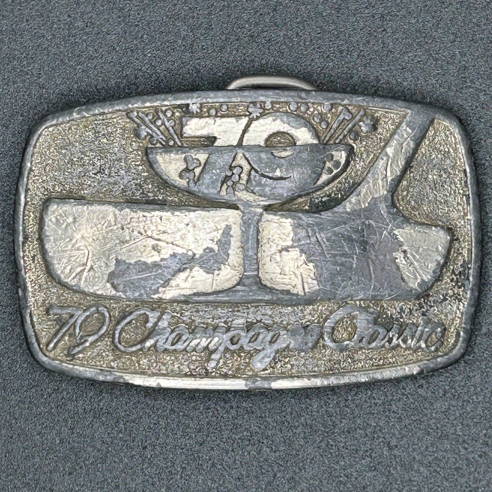 1979 Champagne Classic Golf Belt Buckle Silver Tone Pewter 70s