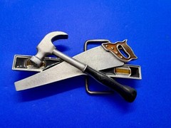 Tools Hammer Saw Meter Stick Carpenters Contractor&rsquo;s Figural Cutout Belt Buckle