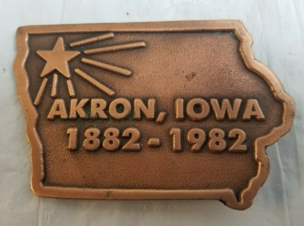 Hit Line AKRON Iowa Centennial 1882-1982 Brass Advertising Belt Buckle