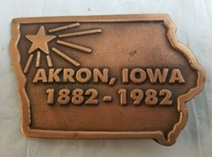 Hit Line AKRON Iowa Centennial 1882-1982 Brass Advertising Belt Buckle