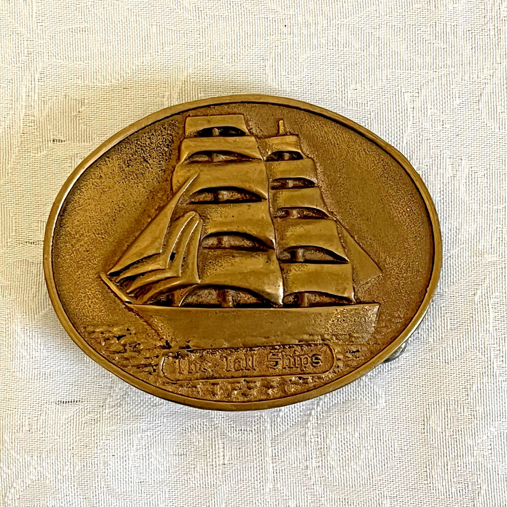 Vintage Brass “The Tall Ships” Belt Buckle Oval Nautical Sailing Ship USA