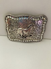Nocona Western Running Horse Roped Edge Belt Buckle Rhinestone Border So Pretty!