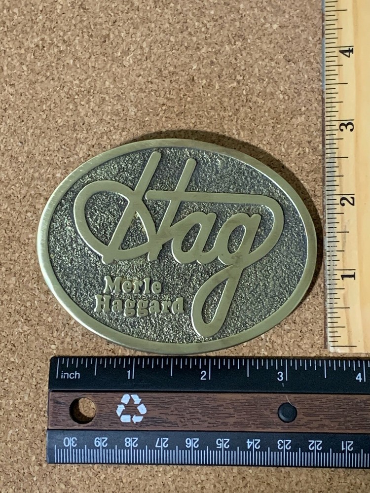 The Great Merle Haggard « Hag » Belt Buckle YELLOW BRASS Very Strong 3.5 inches