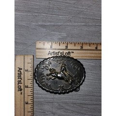 Vintage Western Bronco Rider Belt Buckle Two Tone Silver Gold Oval Floral Scroll