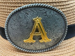 Western Cowboy Antique Engraved Initial A Rope Edge Oval Belt Buckle
