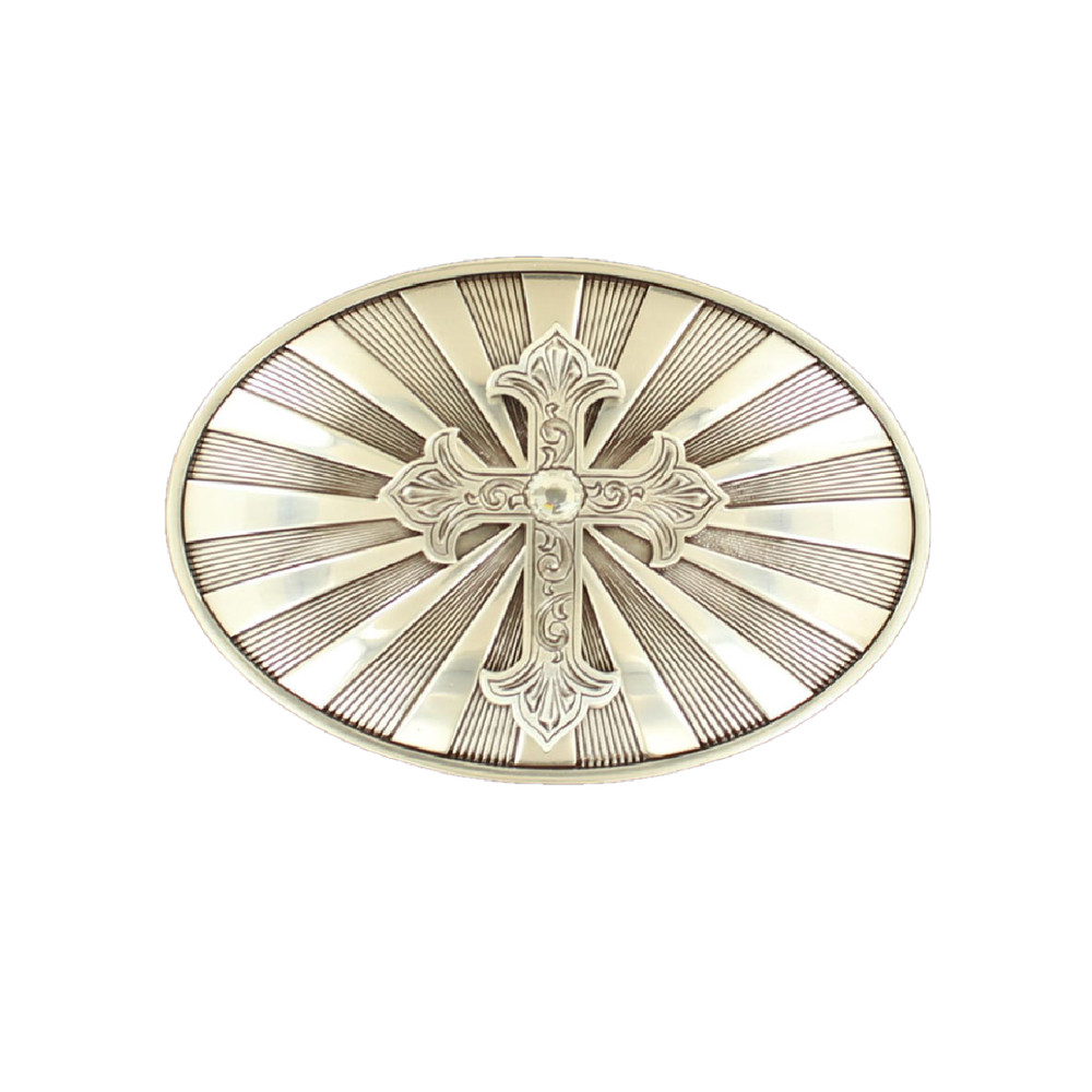 Nocona Men&rsquo;s Oval Silver Cross With Crystal Belt Buckle 37705