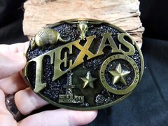 Texas Belt Buckle, has Armadillo, Oil Rig, Longhorn Steer, State of Texas, Star