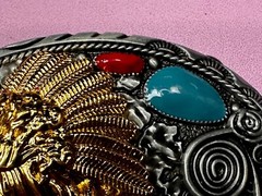 Native American Indian Chief in Head Dress Faux Turquoise & Coral Belt Buckle