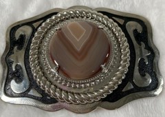 Belt Buckle Western Twisted Brown Circle 4 x 2.5&Prime; Etched Black Silver Plate