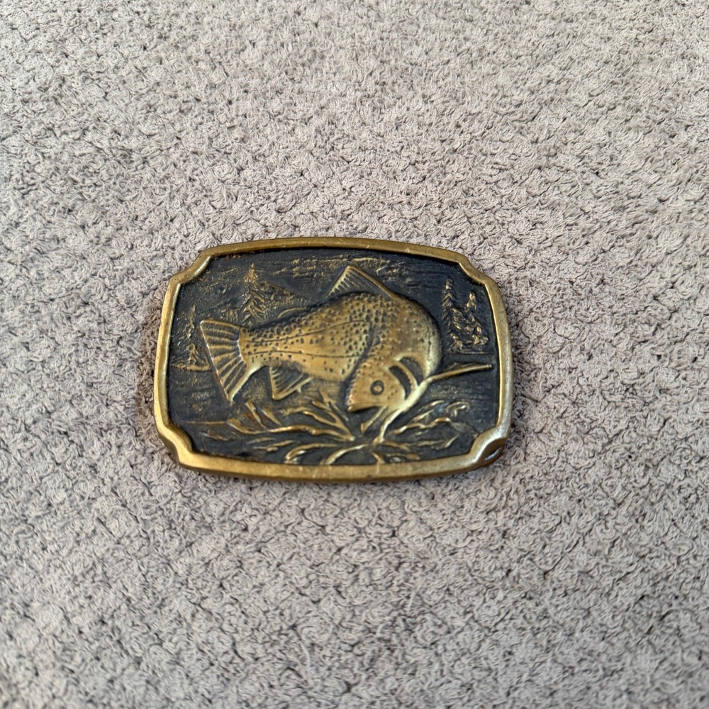 Vintage 1980s BTS Solid Brass Bass Fish Belt Buckle USA Made Scalloped Edge OS