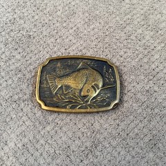 Vintage 1980s BTS Solid Brass Bass Fish Belt Buckle USA Made Scalloped Edge OS