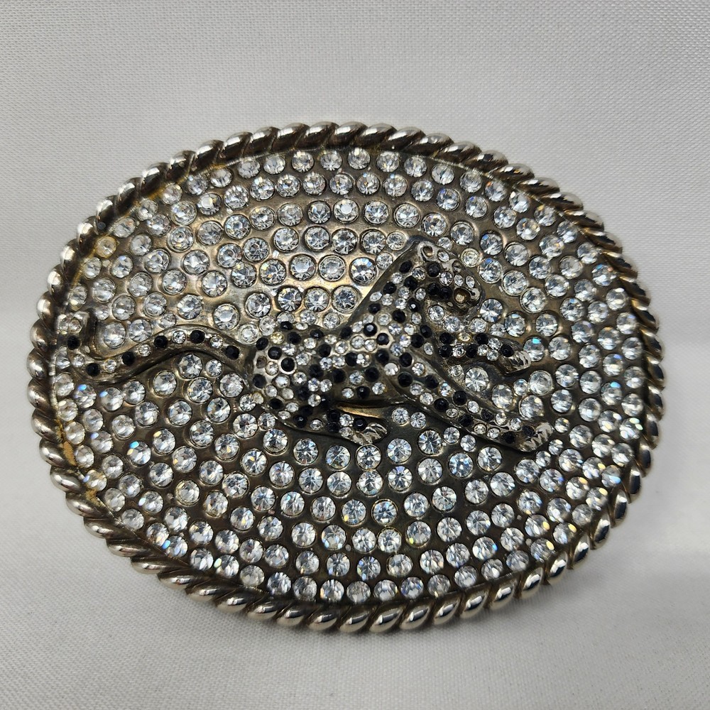 Silver toned Jaguar Rhinestone Belt Buckle 4&Prime; 7oz