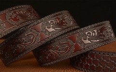 Lyqqine Men&rsquo;s Leather Ratchet Belt Ethnic 125cm, Grass Carving Anchor Brown