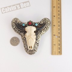 Hand Carved Bull Skull Western Floral Large Belt Buckle with Turquoise & Coral